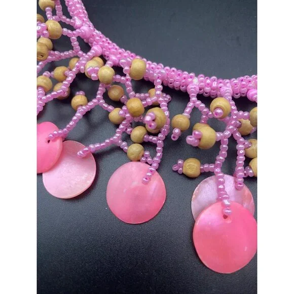Pink Disc Bead Statement Necklace Shell Wood Artisan Handcrafted Barbiecore Boho - Picture 3 of 4